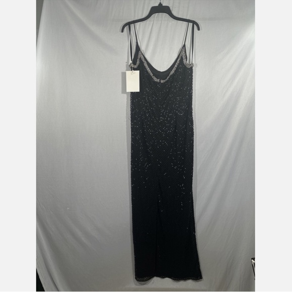 NEW $398 Mac Duggal‎ [ 14 ] Beaded Spaghetti Strap Column Gown Black Silver - Picture 4 of 11